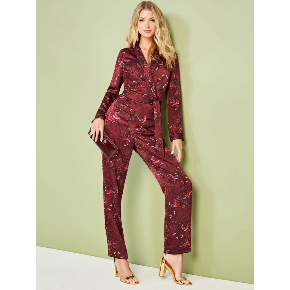 GUESS Hugh Floral Satin Jumpsuit, XS, Burgundy